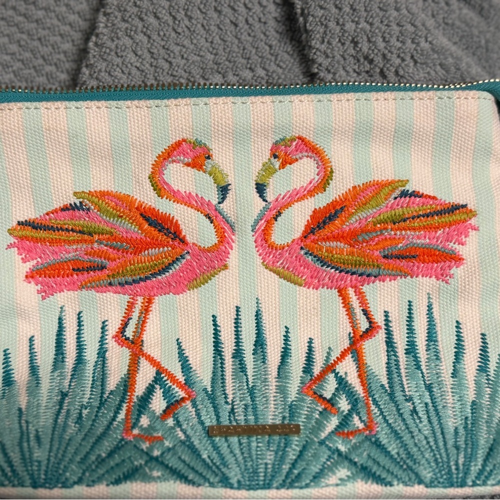 Spartina 449 Pink & Teal Flamingo Embroidered Striped Zip Pouch